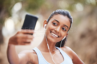 Buy stock photo Fitness, selfie and happy woman in park for training, profile picture or running photography in nature. Sports, smartphone and health influencer in forest for live streaming, blog or content creation