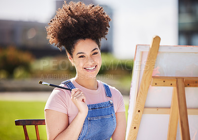 Buy stock photo Happy, young woman and artist with brush for painting nature on canvas for creative project. Female painter, smile and art for hobby, relax and stress relief with watercolor of natural artwork