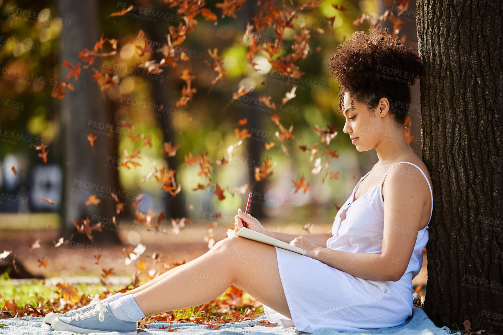 Buy stock photo Full length shot of an attractive young woman writing in her journal while sitting in the park