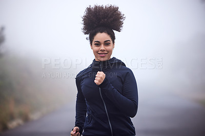 Buy stock photo Girl, running and smile in morning fog in nature for health, fitness or wellness on road in portrait. Woman, person and athlete in workout, training and outdoor for speed, cardio and winter in Canada