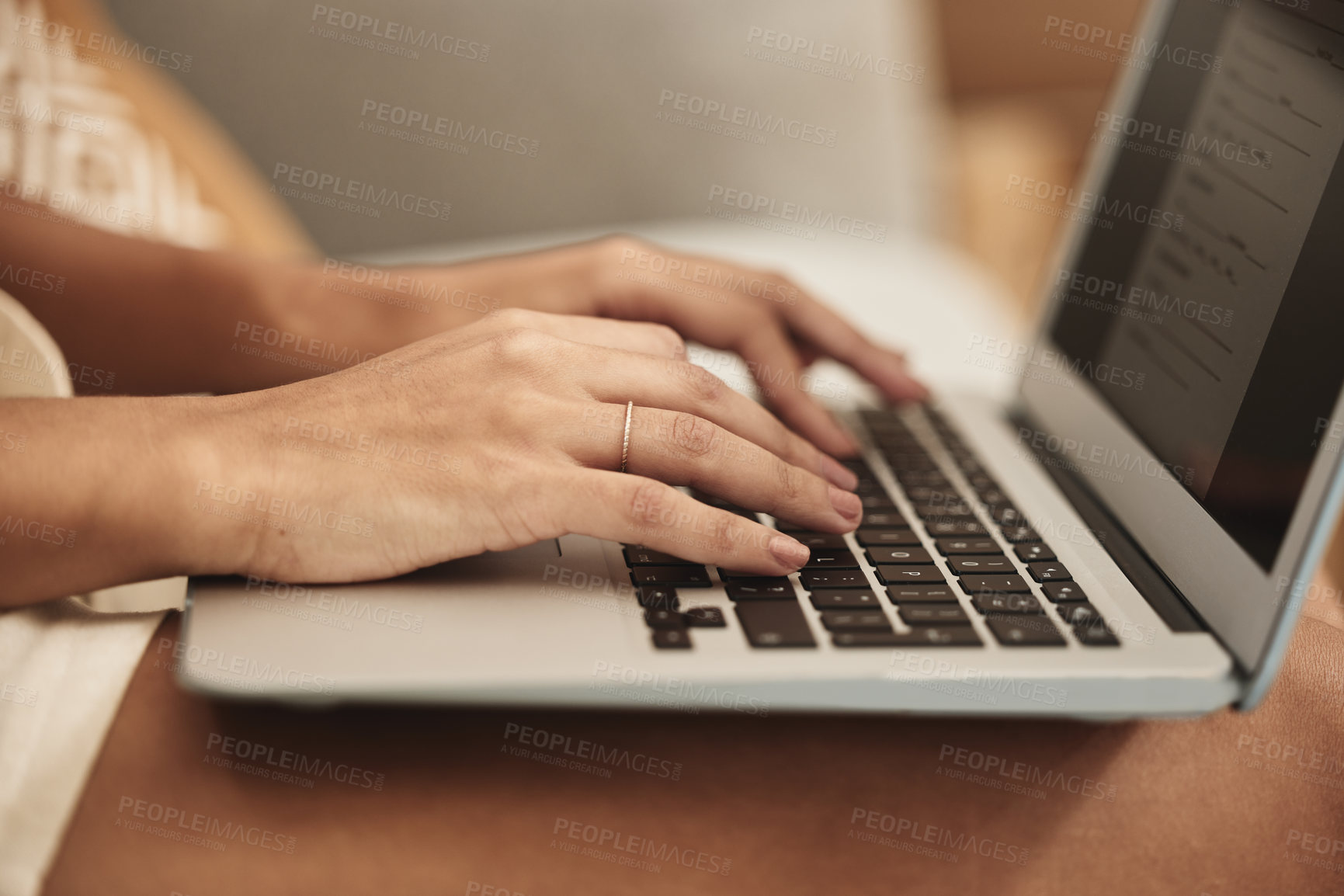 Buy stock photo Laptop, screen and hands of woman with typing for job application, digital information and opportunity. Home, keyboard and person with technology by table for online resume, cv or employment planning