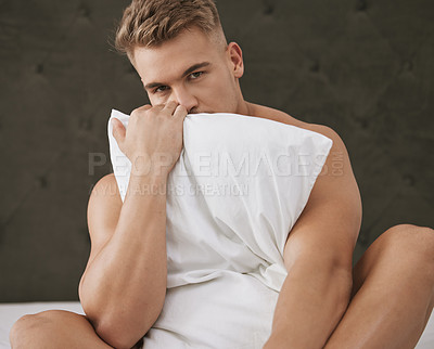 Buy stock photo Morning, portrait or topless man with pillow in bedroom for resting in home, house or apartment alone. Wake up, relax or calm guy sleeping on break with peace or ready to start day on weekend chill