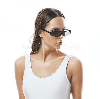 Buy stock photo Studio shot of a beautiful woman in a swimsuit against a white background