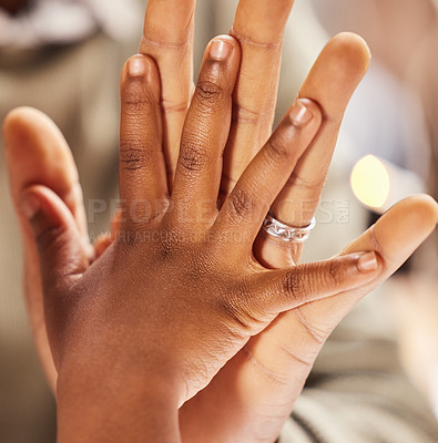 Buy stock photo High five, hands and parent with child for success, support and love of family teamwork in home. Palm, celebration and closeup of gesture for winning together, achievement and connection for trust