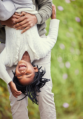 Buy stock photo Upside down, father and girl with family in park, game and happiness with fun, cheerful and bonding together. Childhood, outdoor and single parent with daughter, joyful and weekend break with energy
