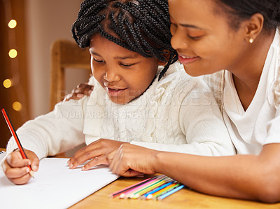 Buy stock photo African mother, daughter and teaching to write, home and notebook for learning, education and support of mom. House, student and girl with parent, homework and helping for school, studying and paper