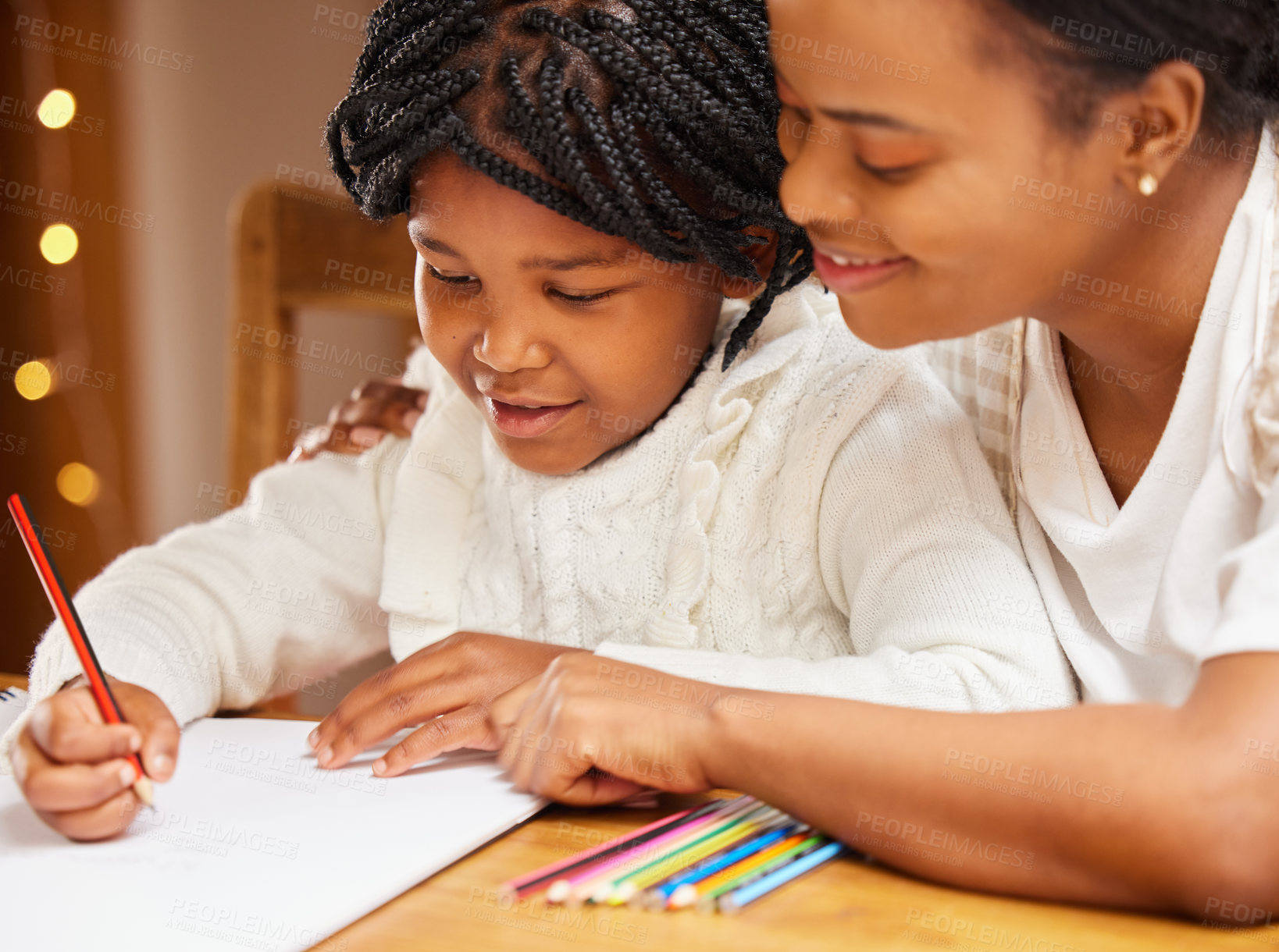 Buy stock photo African mother, daughter and teaching to write, home and notebook for learning, education and support of mom. House, student and girl with parent, homework and helping for school, studying and paper