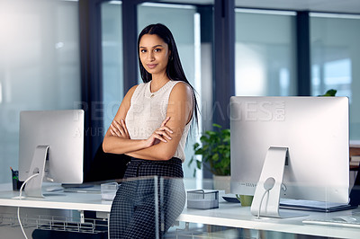 Buy stock photo Confident, business and woman in office for portrait as project manager for startup company in Mexico. Professional, female person and crossed arms with computer as consultant for development