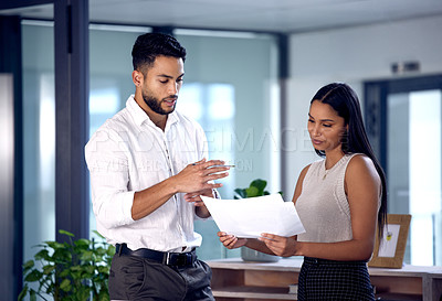 Buy stock photo Paper, documents and employees in meeting for teamwork, planning and development in business for corporate career. Partnership, collaboration and lawyers in office with coworking and contract