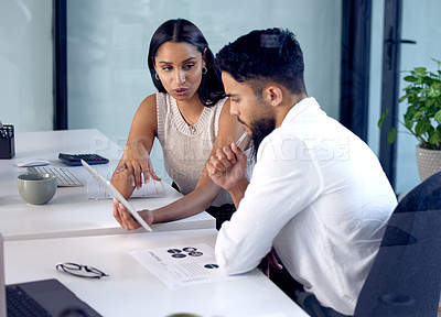 Buy stock photo Discussion, tablet and employees in meeting for teamwork, planning and development in business for corporate career. Partnership, collaboration and lawyers in office with documents and contract
