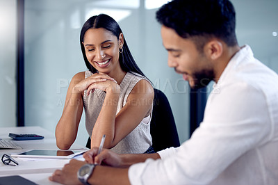 Buy stock photo Writing, documents and employees in meeting for collaboration, planning or development in business for corporate career. Partnership, teamwork and lawyers in office with tablet, paperwork or contract