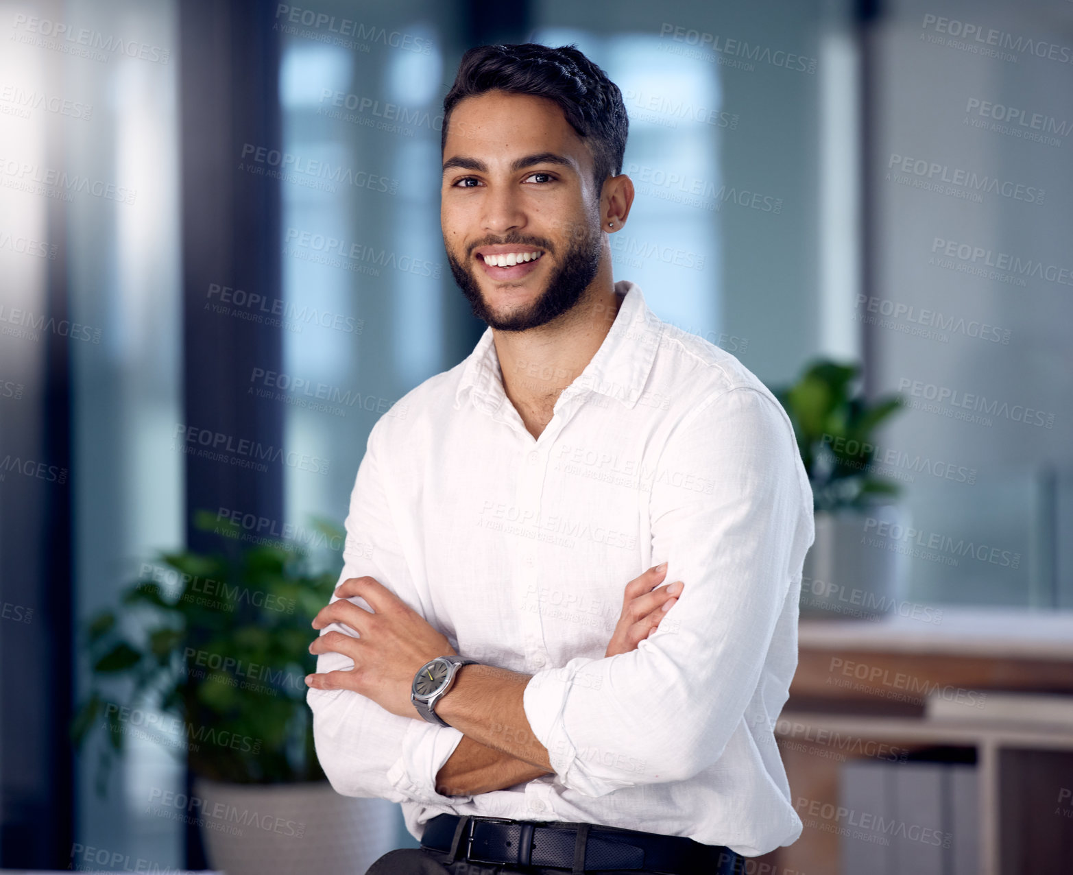 Buy stock photo Portrait, smile and man with arms crossed, business owner and employee with startup success, opportunity and creative. Face, male person and entrepreneur with confidence, professional and career