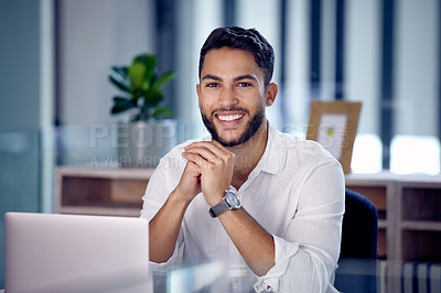 Buy stock photo Portrait, business and man with a smile, laptop and startup success with web design, happiness and connection. Face, male person and entrepreneur with a pc, professional and career with website info