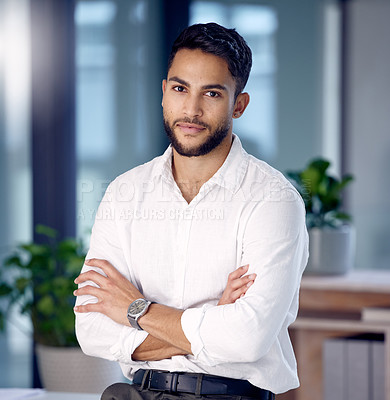 Buy stock photo Portrait, confident and businessman with arms crossed in office, company and person in workplace for career in Dubai. Face, professional advisor and employee or serious entrepreneur with pride at job