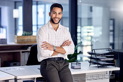 Buy stock photo Portrait, smile and businessman with arms crossed in office, company and male person in workplace for career in Dubai. Confidence, professional advisor and happy employee or entrepreneur work at job