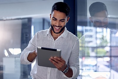 Buy stock photo Tablet, night and research with a business man, happy while working alone in his office after hours. Technology, internet and smile with a male employee doing an online search for information or data
