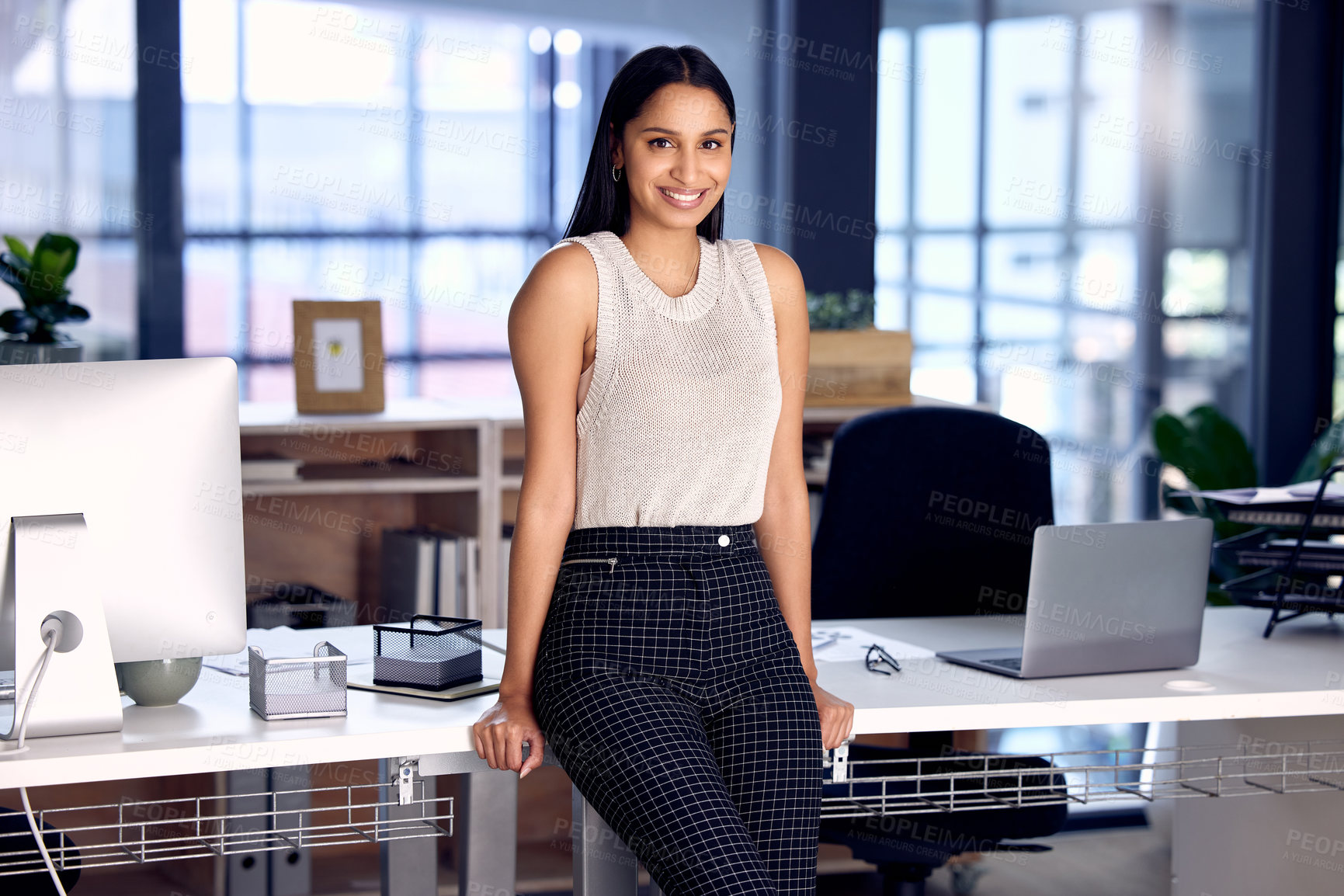 Buy stock photo Design, portrait and smile of business indian woman in office at night for project management. Administration, desk and mission with confident employee in creative agency or workplace for development