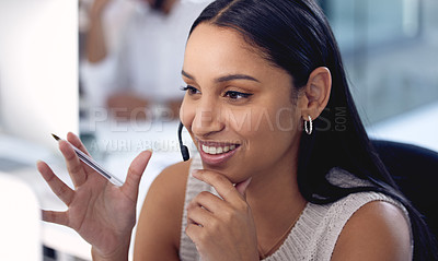 Buy stock photo Call centre, woman and headphones in office, talk and communication for CRM. Technology, conversation and phone sales for employee, speaking and telemarketing or agent for customer and virtual help