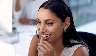 Buy stock photo Call centre, woman and headphones in office, smile and communication for CRM. Technology, conversation and phone sales for employee, speaking and telemarketing or agent for customer and virtual help