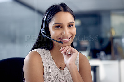Buy stock photo Call center, portrait and smile of indian woman in telemarketing office at night for consulting. Contact us, customer service and support with confident employee in workplace for telecom assistance