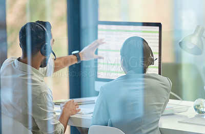 Buy stock photo Business people, teamwork and discussion with computer for call center, support and training. Customer service, team and employee with collaboration for telemarketing, advice and coaching in crm