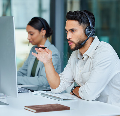 Buy stock photo Business man, call center pc and web support communication at a computer in a office. Phone conversation, desk and male worker with contact us, crm and customer service job in a consulting agency