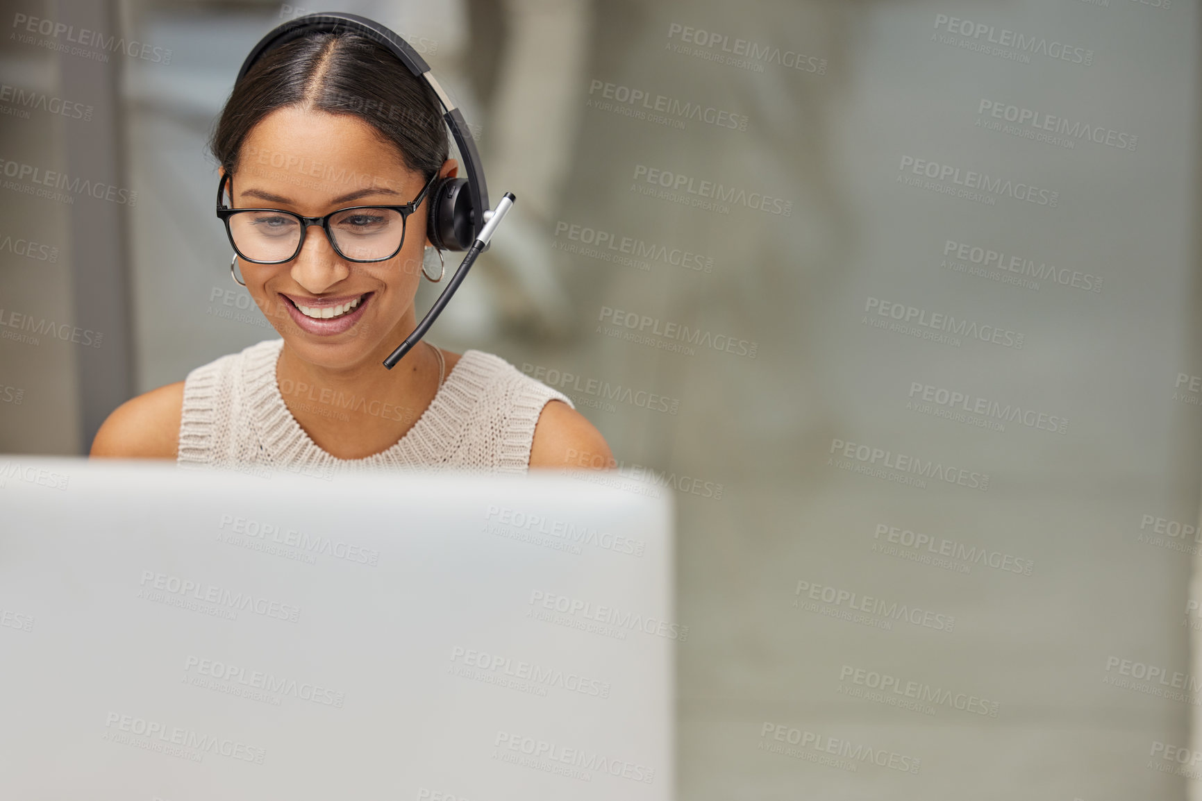 Buy stock photo Business woman, call center and pc web support communication at a computer in a office. Phone conversation, smile and worker with contact us, crm and customer service job in a consulting agency