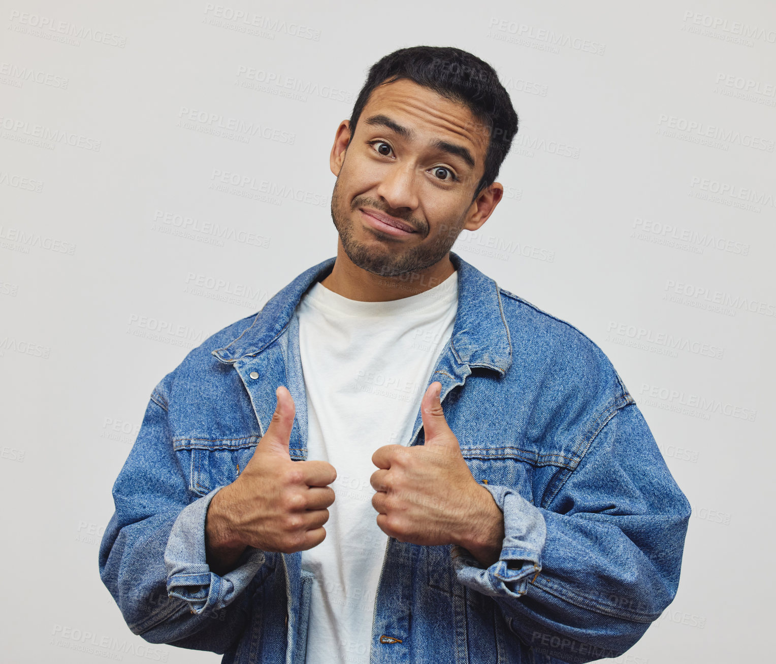 Buy stock photo Happy, man and portrait with thumbs up, fashion and modern style in a studio with smile. Trendy, like and success emoji hand sign with confidence and casual clothes with jacket and grey background