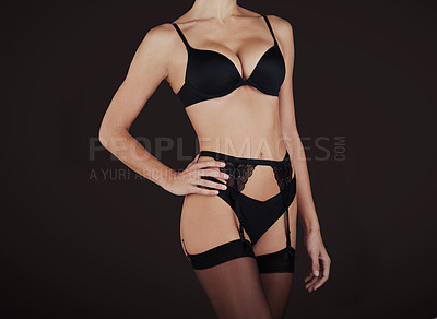 Buy stock photo Studio, woman and body with lingerie, fashion and mockup space for person, underwear and hand. Black background, aesthetic and model with comfort, confidence and relax with clothes and outfit