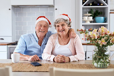 Buy stock photo Portrait of an elderly couple wearing festive hats at the table together at home