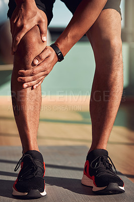 Buy stock photo Fitness, exercise and legs of man with knee pain in gym with injury after running, training and workout. Medical accident, wellness and closeup of male person for muscle strain, joint ache and hurt