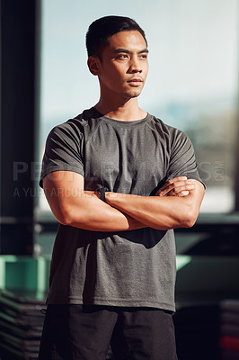 Buy stock photo Thinking, fitness and man with vision for workout, exercise and commitment mindset for sport. Progress, Asian person and athlete with inspiration at gym for wellness, training and healthy lifestyle