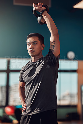 Buy stock photo Kettlebell, man and stretching for fitness, exercise and development for sport. Bodybuilder, person and thinking of athlete with energy at gym for wellness, training and healthy target or goal