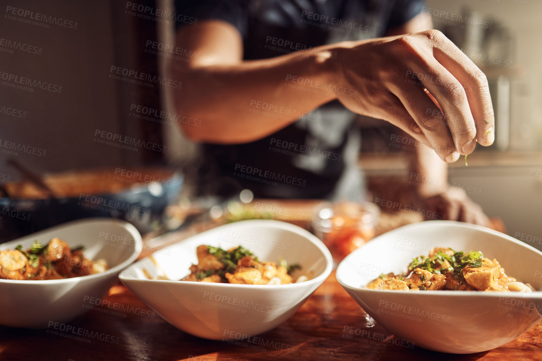 Buy stock photo Person, hands and prepare food or meal,  kitchen and culinary art for cooking in apartment. Healthy, nutrition or lunch serving on counter, gourmet and garnish for presentation on delicious chef dish