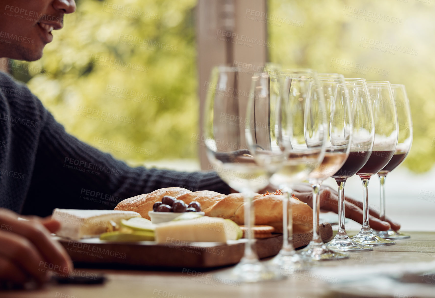 Buy stock photo Wine tasting, cheese platter and luxury restaurant with alcohol and glass for customer. Eating, drink and sommelier with bottle for wines and food pairing in a fine dining and winery experience