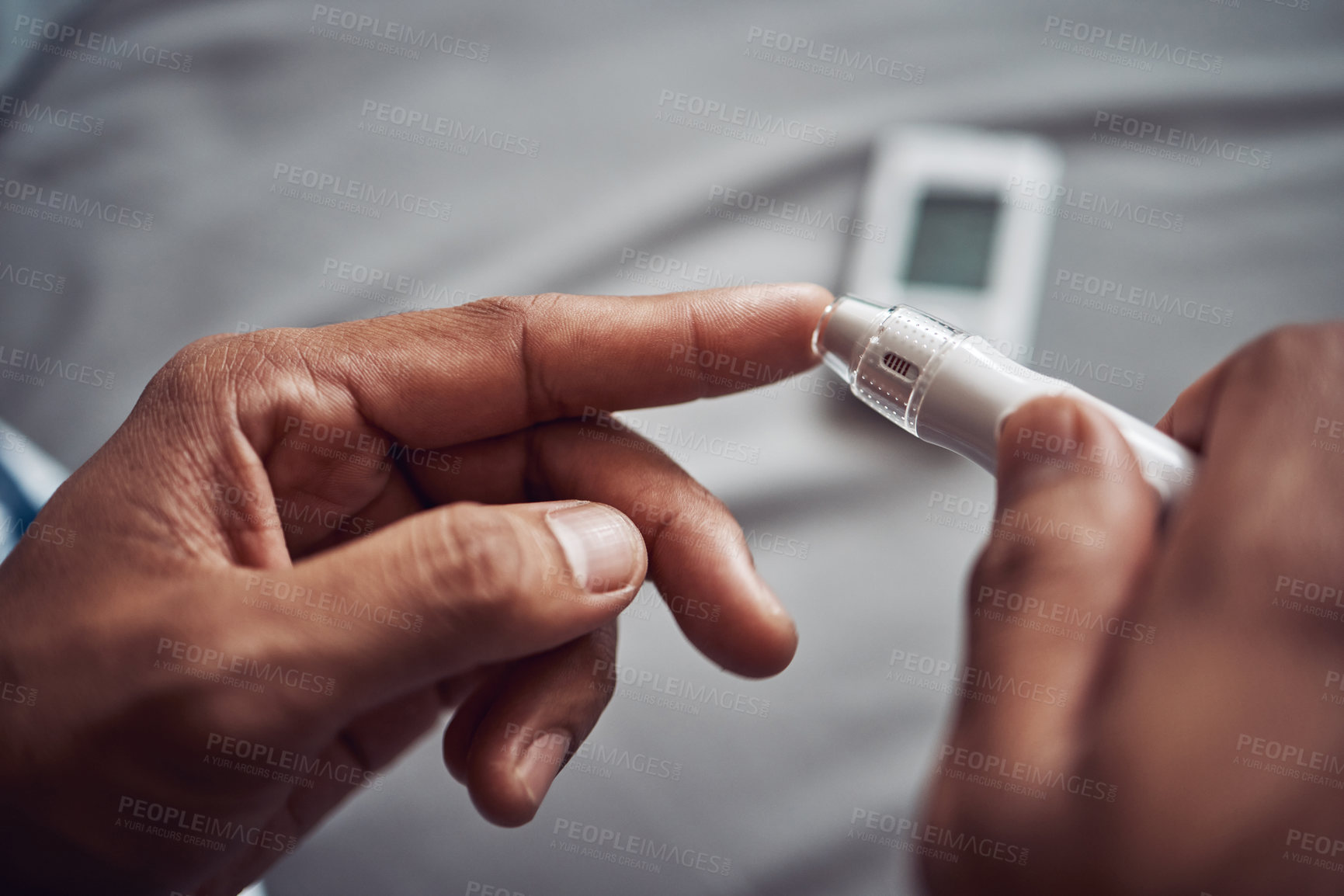 Buy stock photo Person, hand and blood sugar with finger for diabetes test or monitor insulin, glucometer or home. Medical, pen and checking as healthy measure or genetic problem with wellness, diagnostic or device