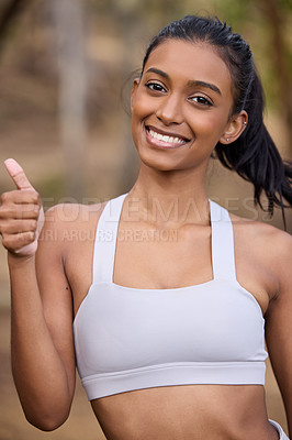 Buy stock photo Woman, thumbs up and portrait for fitness, exercise or  cardio training in outdoor activity. Active lady, smile and gesture in forest for emoji or yes sign for wellness, workout and health recreation