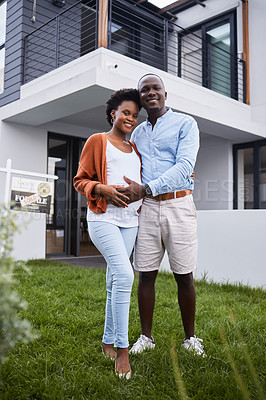 Buy stock photo Happy black couple, portrait and real estate in family home, property or mortgage loan together outdoors. African man and woman with hug, smile or relocation in new house, homeowner or building asset