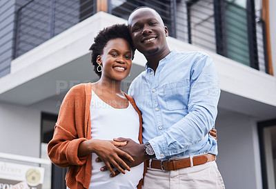 Buy stock photo Black couple, portrait and family in real estate, new home or property and mortgage loan together outdoors. African man and woman with hug, smile or relocation for house, homeowner or building asset