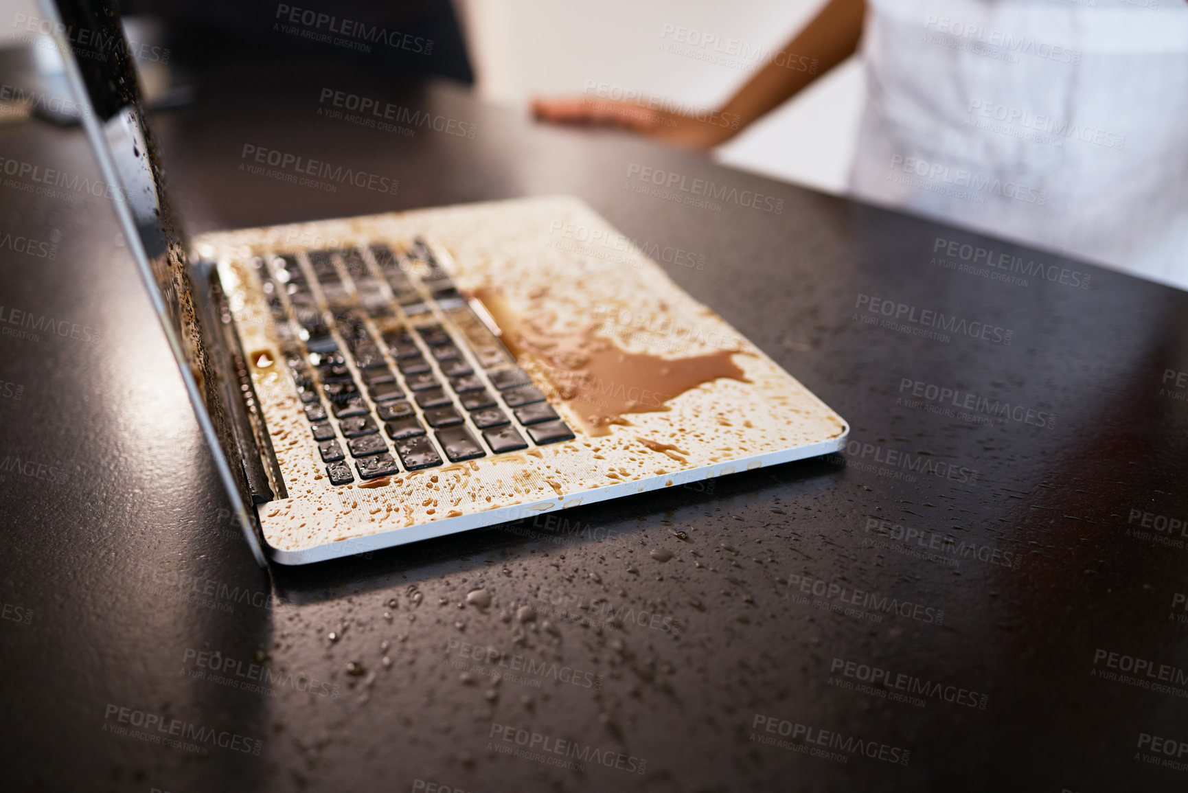 Buy stock photo Remote work, accident and coffee splash on laptop in a kitchen, crisis and problem for woman working from home. Freelance, chaos and tea spill on a keyboard by female freelancer with computer damage