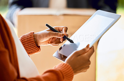 Buy stock photo Woman, hands and tablet to sign for box, package or delivery from delivery man or courier. Closeup hand of female person writing on technology for digital signature, parcel or ecommerce in logistics