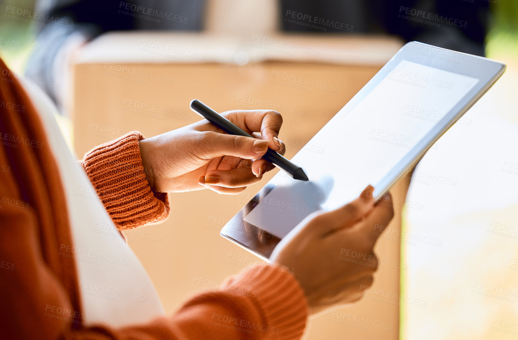 Buy stock photo Woman, hands and tablet to sign for box, package or delivery from delivery man or courier. Closeup hand of female person writing on technology for digital signature, parcel or ecommerce in logistics