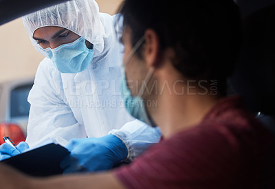 Buy stock photo Car, man and drive through for writing with doctor for inspection, face mask and questions for disease screening. Male person, health worker and protective suit with clipboard for contact tracing.