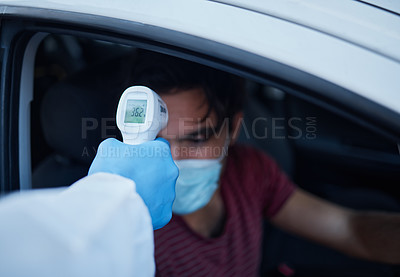 Buy stock photo Man, car and temperature with infrared scanner for travel, immigration or commute in outdoor safety. Male person with mask in vehicle for test, exam or checking fever for virus, disease or infection