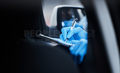 Buy stock photo Medical, notes and hands with gloves writing report in ambulance at hospital with clipboard. Healthcare, paperwork and person review patient info with insurance, document and record of service