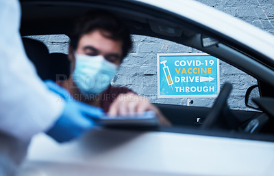 Buy stock photo Car, man and drive through for checking with doctor for inspection, face mask and questions for disease screening. Male person, health worker and protective suit with clipboard for contact tracing.