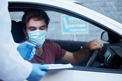 Buy stock photo Car, man and drive through for checklist with doctor for inspection, face mask and questions for disease screening. Male person, health worker and protective suit with clipboard for contact tracing.