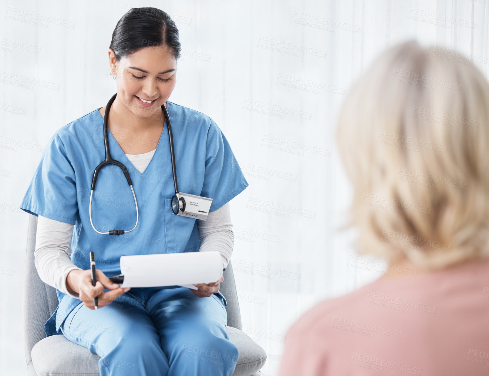 Buy stock photo Nurse, patient and clipboard for healthcare consultation or home visit for checkup, checklist or insurance. Woman, paperwork and medical support with smile for good news, diagnosis or information