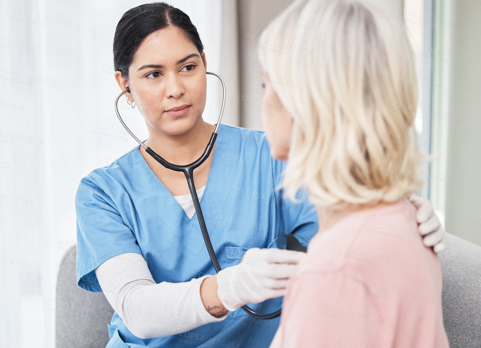 Buy stock photo Stethoscope, woman doctor and senior patient in hospital for examination, consulting or heart assessment. Cardiology, listen and physician with elderly person for heartbeat, arrythmia or diagnosis