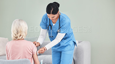 Buy stock photo Health, woman doctor and patient in hospital for healthcare, disinfect or medical injection. Medicine, wellness and physician with person for vaccination, flu shot or virus prevention in clinic